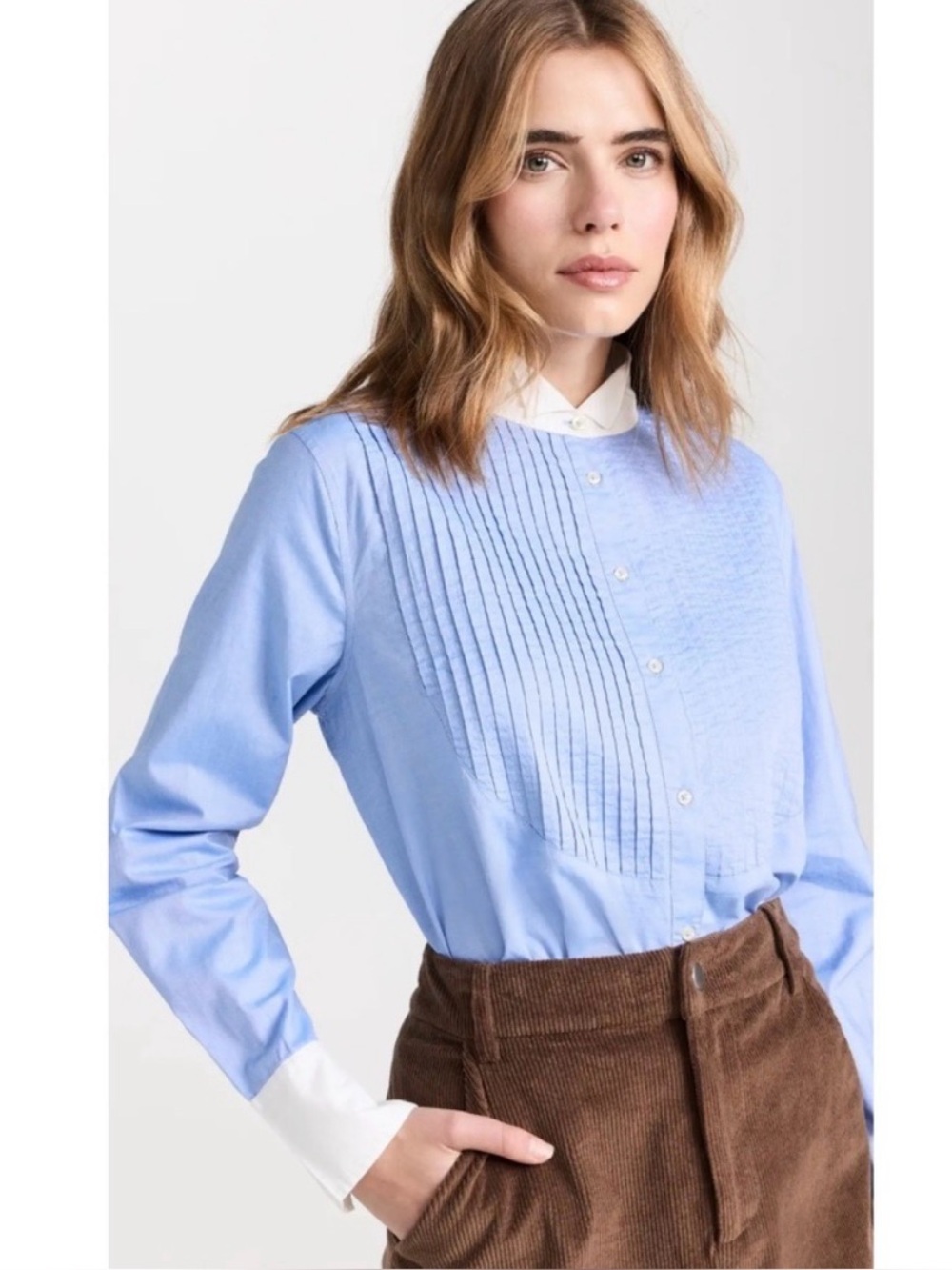 NWT The Great. The Pleated Tux Top in Blue Oxford White Poplin Trim size 0 XS